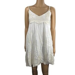 Urban Outfitters White Floral Embroidered Scalloped Hem Babydoll Boho Mini Dress